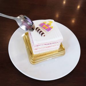 High angle view of cake in plate on table