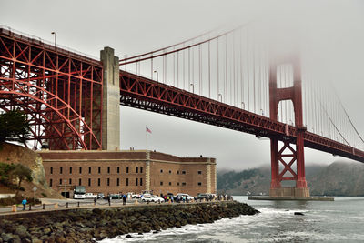 Bridge over river in city against clear sky