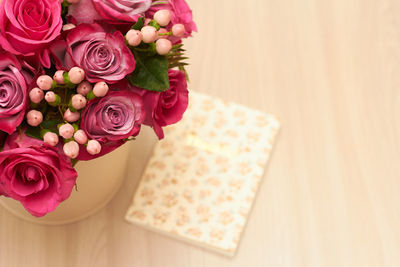 High angle view of rose bouquet on table