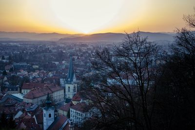 High angle view of townscape against sky during sunset