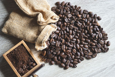 High angle view of coffee beans on table