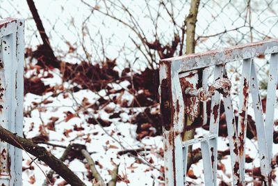 High angle view of rusty railing during winter