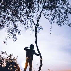 Silhouette man standing by tree against sky