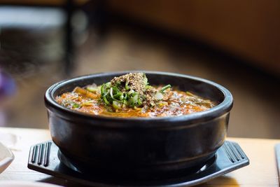 Close-up of soup in bowl on table