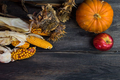 High angle view of pumpkins on table