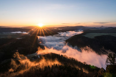 Scenic view of mountains against sky during sunset