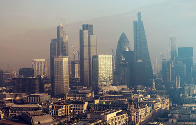 High angle view of cityscape against sky during sunset