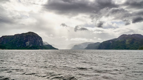 Panoramic view of sea and mountains against sky