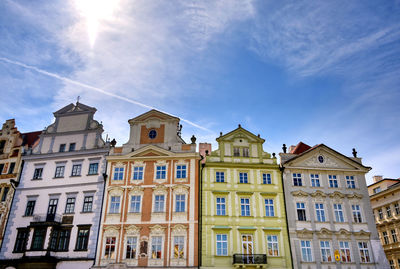 Low angle view of buildings in city against sky