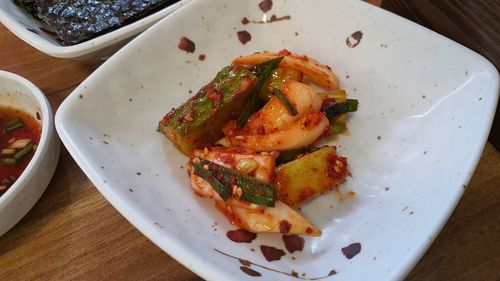 High angle view of food in plate on table