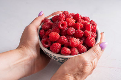 Fresh raspberries in a bowl in woman hands, summer harvest fresh berries