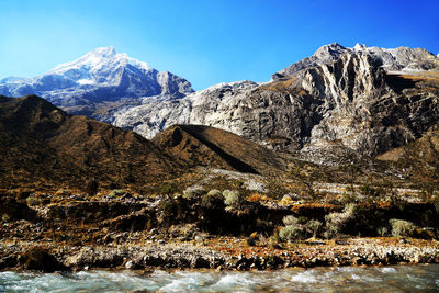 Scenic view of snow covered mountains against clear blue sky