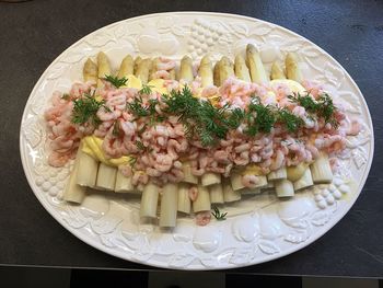 High angle view of meal served on table