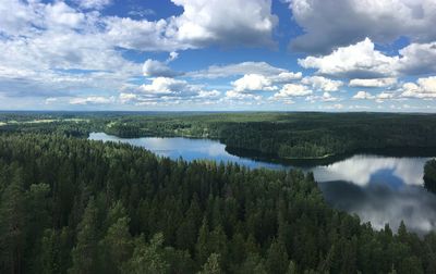 Scenic view of lake in forest against sky