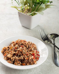 High angle view of breakfast served on table