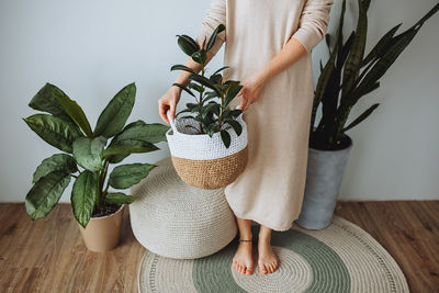 Midsection of woman holding potted plant against wall