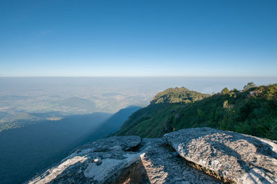 Scenic view of sea and mountains against clear blue sky