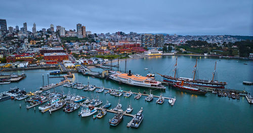 High angle view of boats in harbor