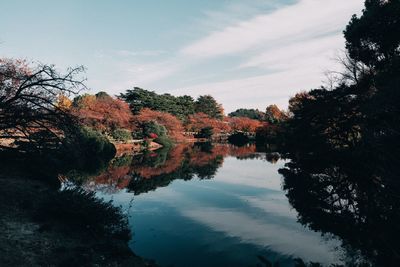 Scenic view of lake against sky during autumn