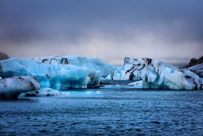 Scenic view of frozen sea against sky during sunset