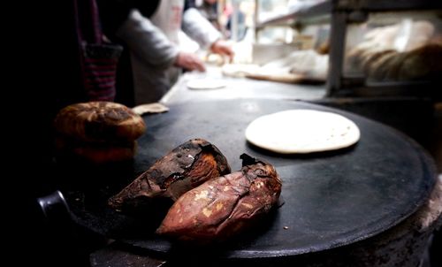 Close-up of food on cooking pan