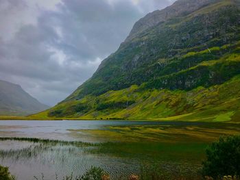 Scenic view of lake and mountains against sky