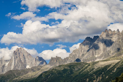 Panoramic view of mountain range against cloudy sky