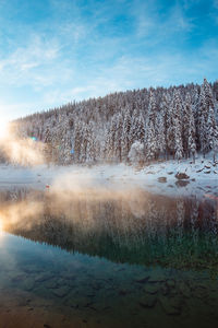 Scenic view of lake against sky during winter
