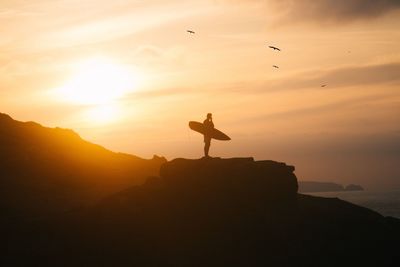 Silhouette of bird flying against sky during sunset