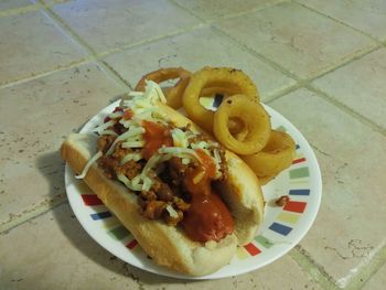 High angle view of food in plate on table