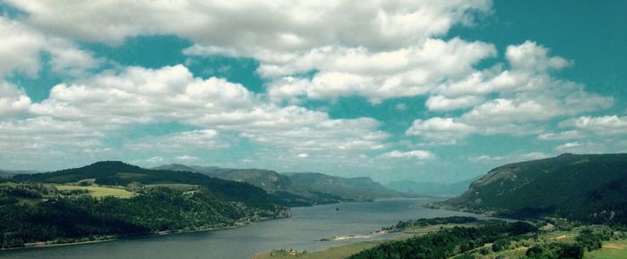 Scenic view of columbia river gorge against sky