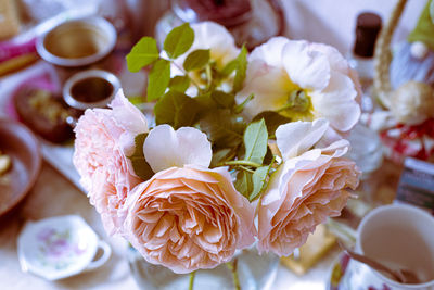 High angle view of rose on table