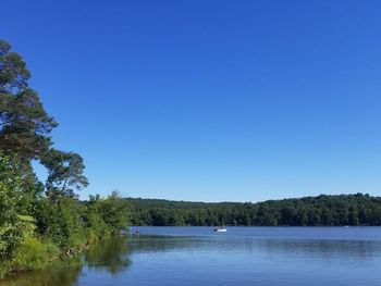 Scenic view of lake against clear blue sky