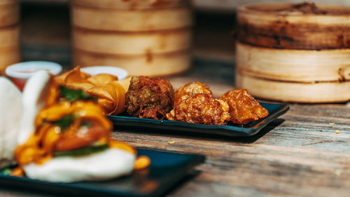 Close-up of food served on table