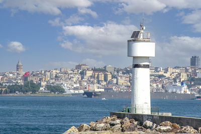 View of lighthouse by buildings against sky