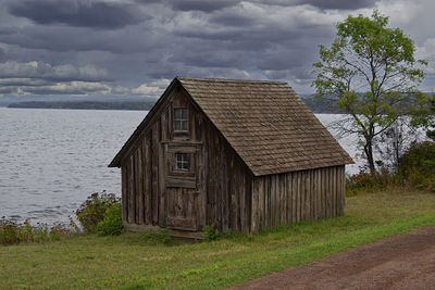 An old wooden cabin on the shore of lake superior, minnesota.