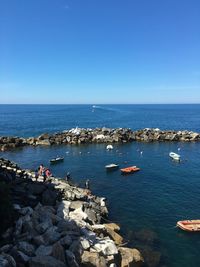 Scenic view of sea against clear blue sky