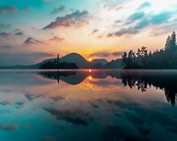 Scenic view of lake against sky during sunset