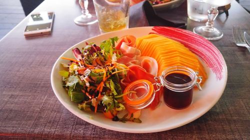 High angle view of food served on table