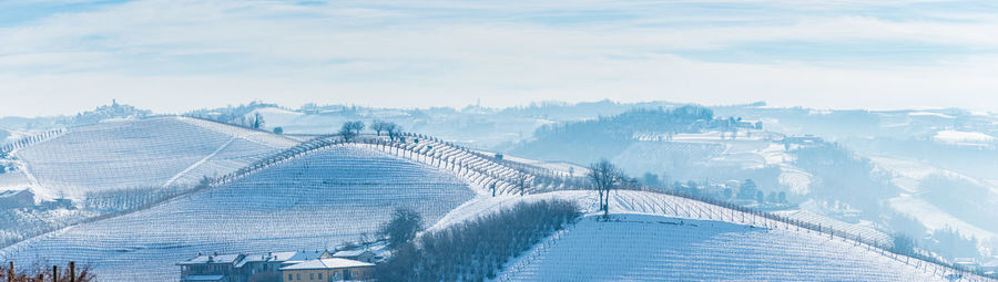 Panoramic view of snow covered mountain against sky