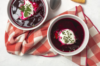 High angle view of soup in bowl on table