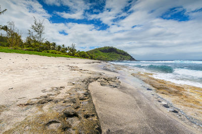 Surface level of beach against sky