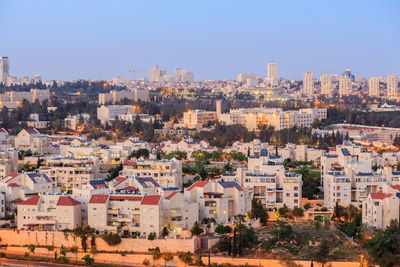 High angle shot of townscape against clear sky