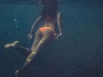 Rear view of woman wearing bikini swimming in sea