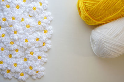 High angle view of white flowers on table