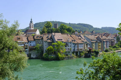 Residential buildings of laufenburg at rhine river, aargau, switzerland