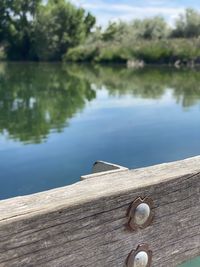 Wooden handrail overlooking pond with trees reflecting in the water