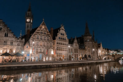 Reflection of illuminated buildings in city at night