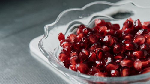 High angle view of strawberries in bowl on table