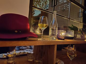 Glass bottles on table in restaurant